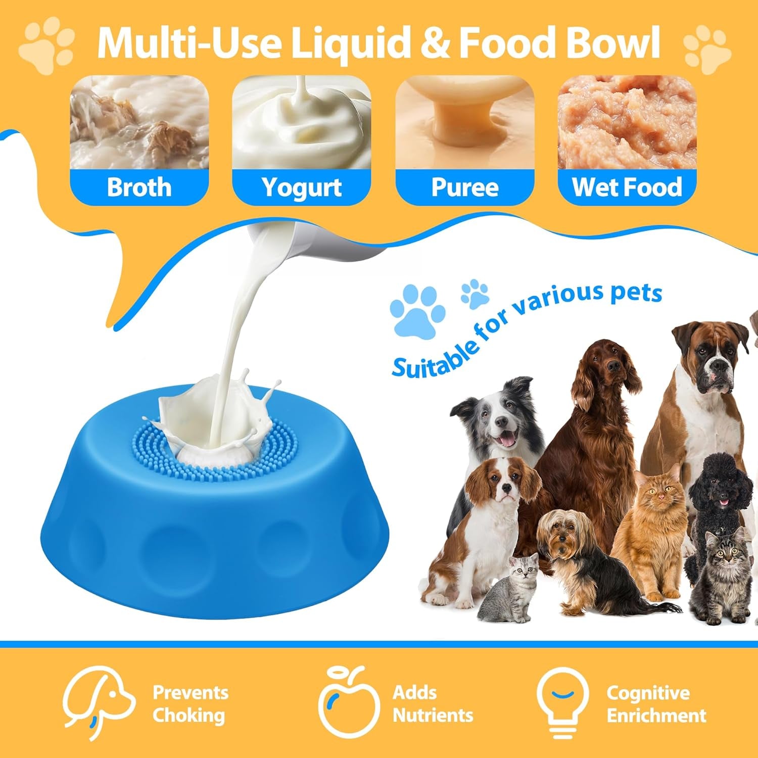 Slow Feeder Dog Bowl - Dog Licking Bowl with Ball for Fast Eaters, Licking Toy & Puppy Slow Feeder with Anti-Slip Design to Keep Ears Clean, Dietary Supplement/Post-Op Nutrition (Blue)