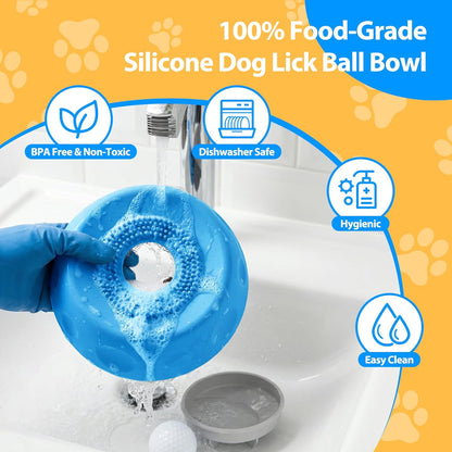 Slow Feeder Dog Bowl - Dog Licking Bowl with Ball for Fast Eaters, Licking Toy & Puppy Slow Feeder with Anti-Slip Design to Keep Ears Clean, Dietary Supplement/Post-Op Nutrition (Blue)