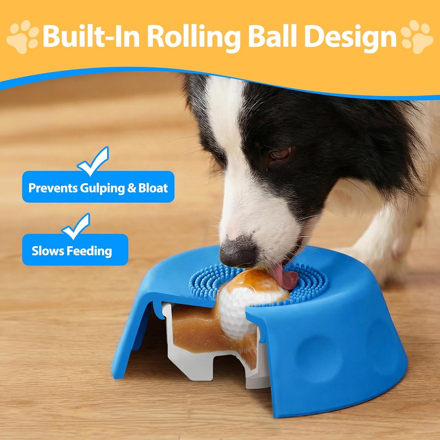 Slow Feeder Dog Bowl - Dog Licking Bowl with Ball for Fast Eaters, Licking Toy & Puppy Slow Feeder with Anti-Slip Design to Keep Ears Clean, Dietary Supplement/Post-Op Nutrition (Blue)