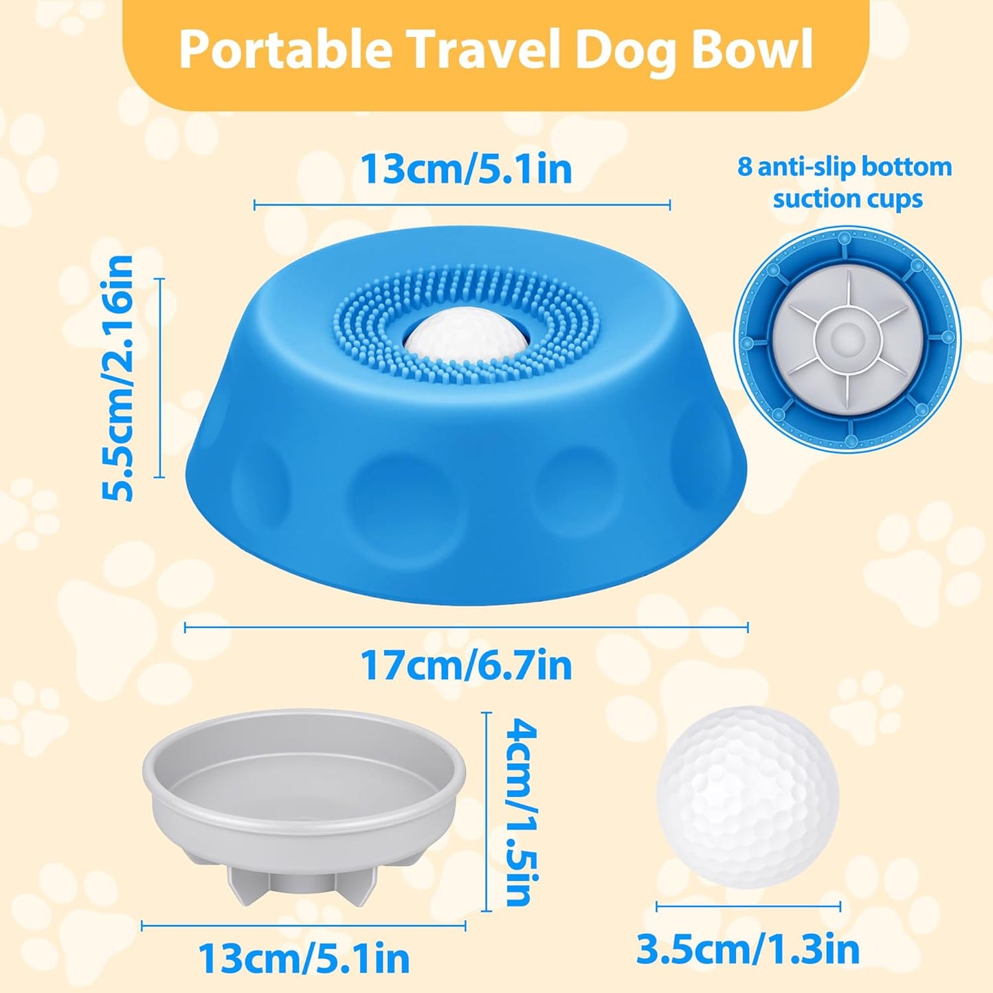 Slow Feeder Dog Bowl - Dog Licking Bowl with Ball for Fast Eaters, Licking Toy & Puppy Slow Feeder with Anti-Slip Design to Keep Ears Clean, Dietary Supplement/Post-Op Nutrition (Blue)
